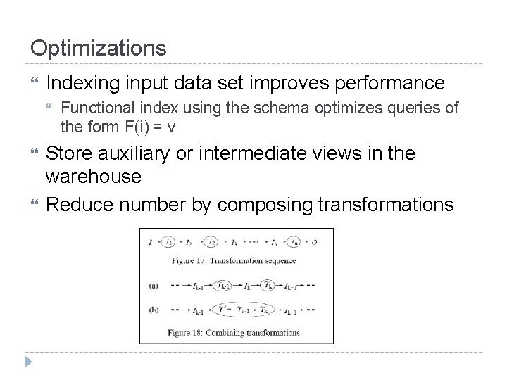 Optimizations Indexing input data set improves performance Functional index using the schema optimizes queries