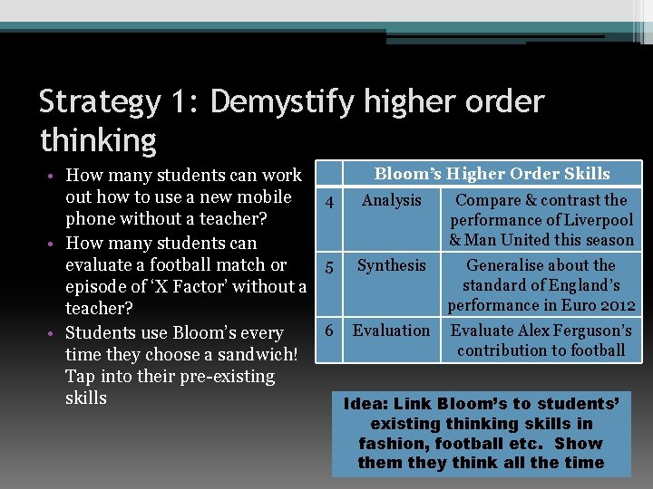 Strategy 1: Demystify higher order thinking Bloom’s Higher Order Skills • How many students