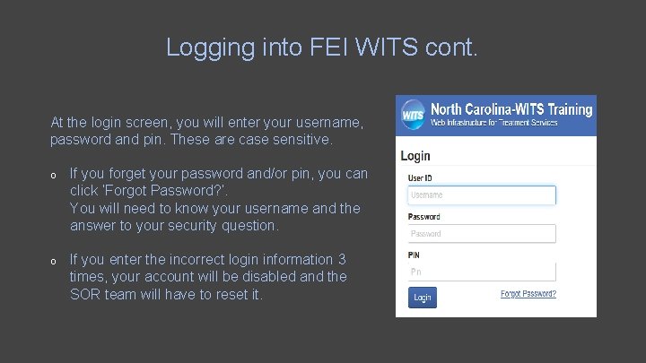 Logging into FEI WITS cont. At the login screen, you will enter your username,
