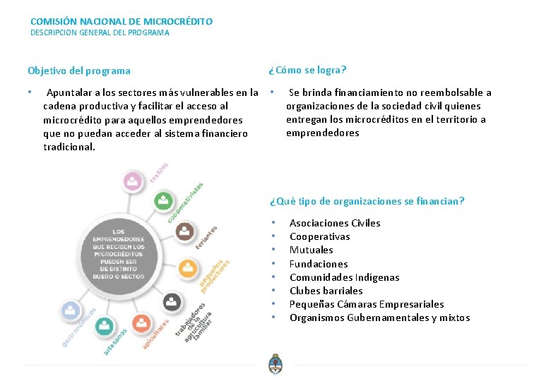 COMISIÓN NACIONAL DE MICROCRÉDITO DESCRIPCION GENERAL DEL PROGRAMA Objetivo del programa • Apuntalar a