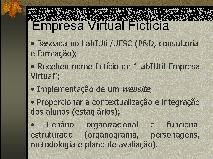 Empresa Virtual Fictícia • Baseada no Lab. IUtil/UFSC (P&D, consultoria e formação); • Recebeu