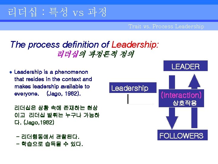 리더십 : 특성 vs 과정 Trait vs. Process Leadership The process definition of Leadership: