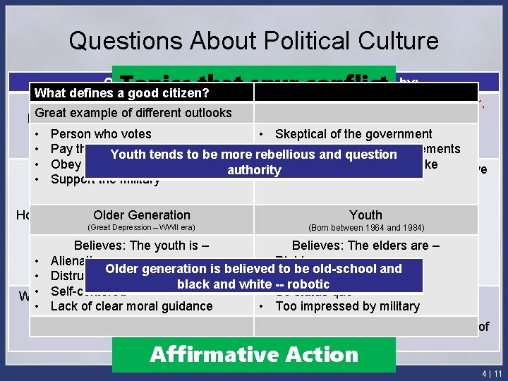 Questions About Political Culture Answered by: Topics that spur conflict Question What defines a