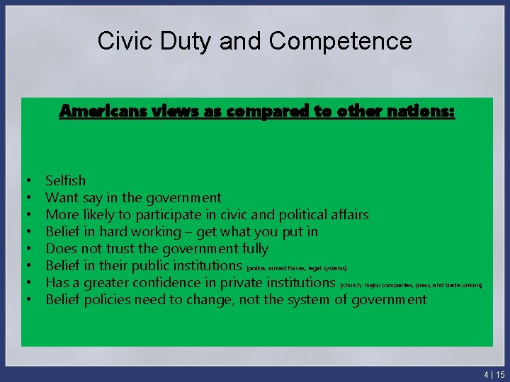 Civic Duty and Competence Americans as compared to other nations: • Civic duty: views