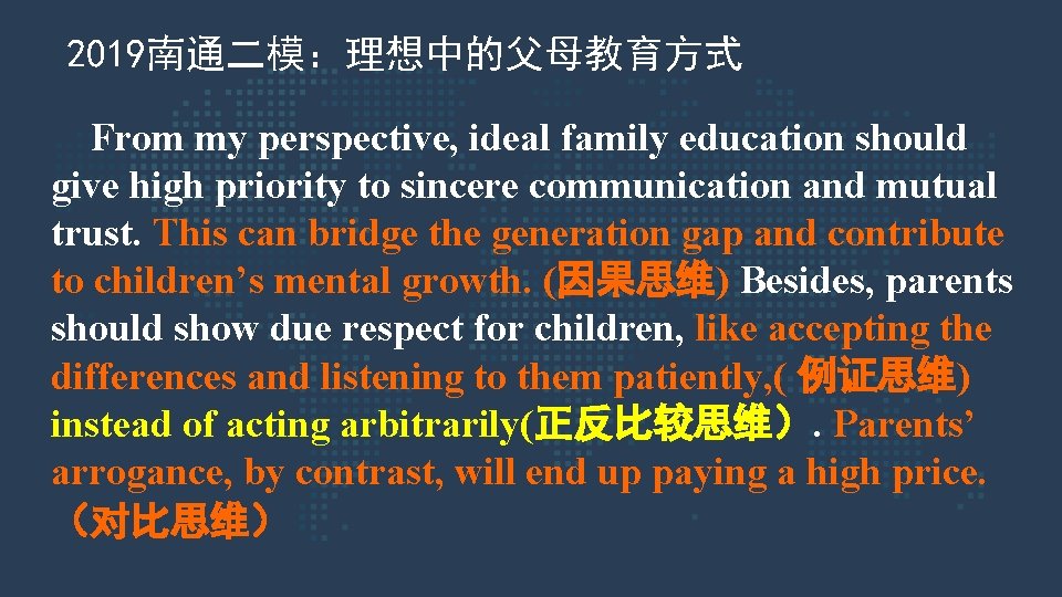 2019南通二模：理想中的父母教育方式 From my perspective, ideal family education should give high priority to sincere communication
