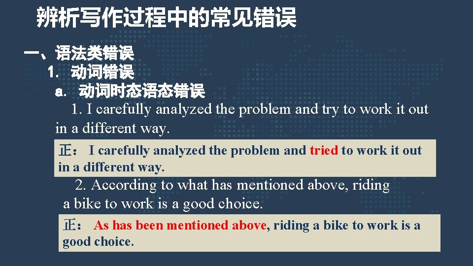 辨析写作过程中的常见错误 一、语法类错误 1. 动词错误 a. 动词时态语态错误 1. I carefully analyzed the problem and try