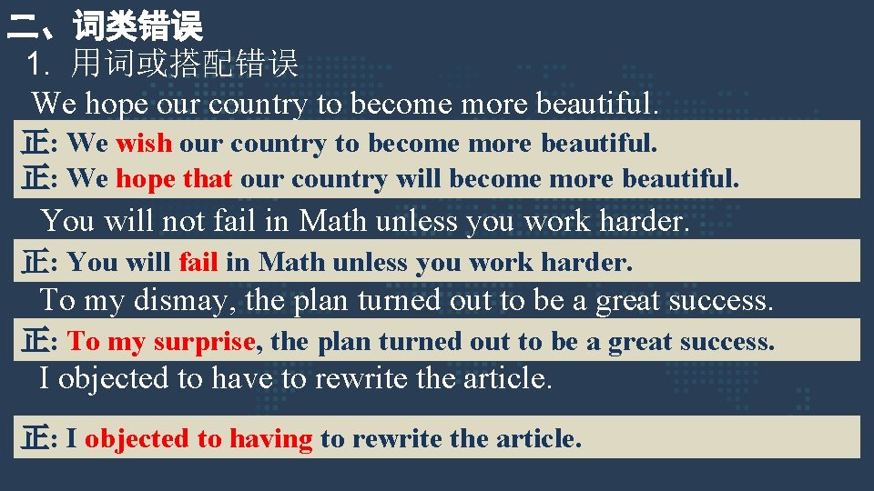 二、词类错误 1. 用词或搭配错误 We hope our country to become more beautiful. 正: We wish