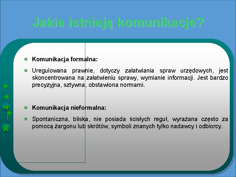 Jakie istnieją komunikacje? ¤ Komunikacja formalna: ¤ Uregulowana prawnie, dotyczy załatwiania spraw urzędowych, jest