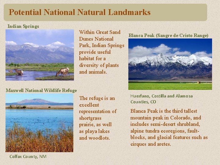 Potential National Natural Landmarks Indian Springs Within Great Sand Blanca Peak (Sangre de Cristo Potential National Natural Landmarks Indian Springs Within Great Sand Blanca Peak (Sangre de Cristo