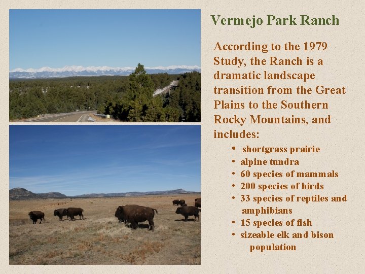 Vermejo Park Ranch According to the 1979 Study, the Ranch is a dramatic landscape Vermejo Park Ranch According to the 1979 Study, the Ranch is a dramatic landscape