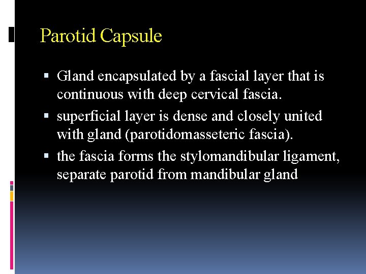 Parotid Capsule Gland encapsulated by a fascial layer that is continuous with deep cervical