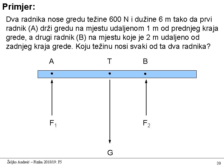 Primjer: Dva radnika nose gredu težine 600 N i dužine 6 m tako da