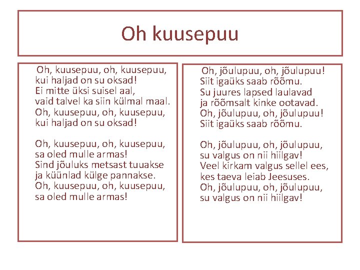 Oh kuusepuu Oh, kuusepuu, oh, kuusepuu, kui haljad on su oksad! Ei mitte üksi