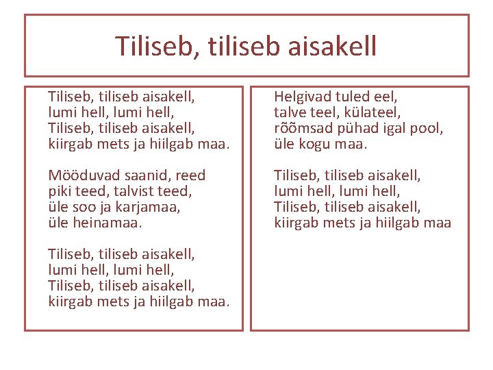 Tiliseb, tiliseb aisakell, lumi hell, Tiliseb, tiliseb aisakell, kiirgab mets ja hiilgab maa. Helgivad