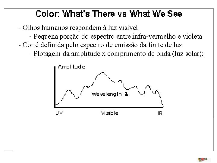 - Olhos humanos respondem à luz visível - Pequena porção do espectro entre infra-vermelho