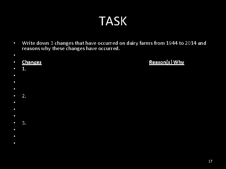 TASK • • • • Write down 3 changes that have occurred on dairy