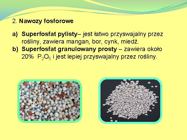 2. Nawozy fosforowe a) Superfosfat pylisty– jest łatwo przyswajalny przez rośliny, zawiera mangan, bor,