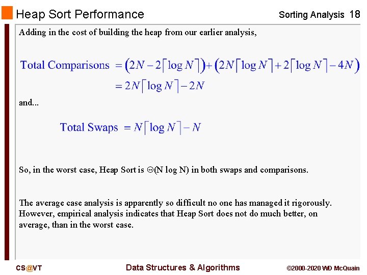 Heap Sort Performance Sorting Analysis 18 Adding in the cost of building the heap Heap Sort Performance Sorting Analysis 18 Adding in the cost of building the heap