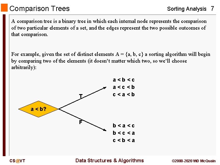 Comparison Trees Sorting Analysis 7 A comparison tree is a binary tree in which Comparison Trees Sorting Analysis 7 A comparison tree is a binary tree in which