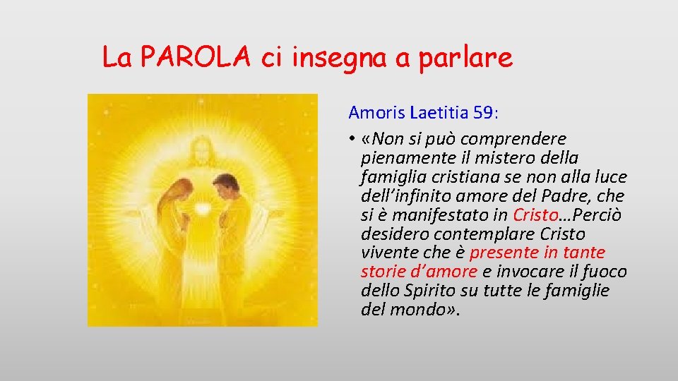 La PAROLA ci insegna a parlare Amoris Laetitia 59: • «Non si può comprendere