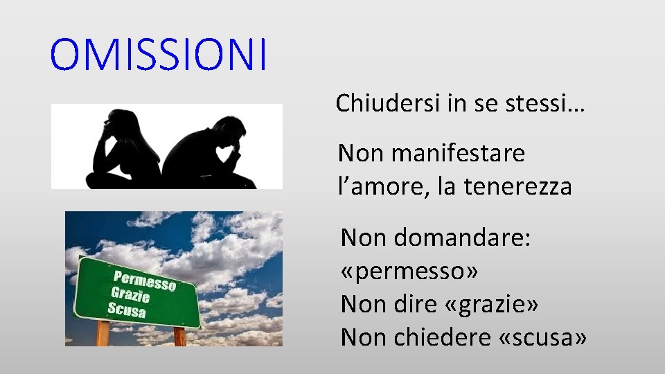 OMISSIONI Chiudersi in se stessi… Non manifestare l’amore, la tenerezza Non domandare: «permesso» Non