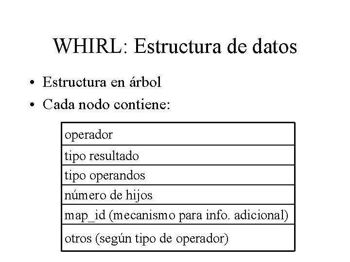 WHIRL: Estructura de datos • Estructura en árbol • Cada nodo contiene: operador tipo