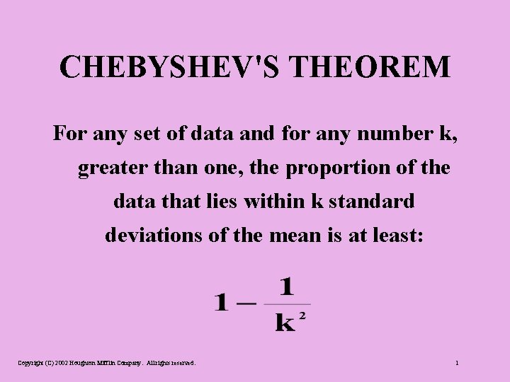 CHEBYSHEV'S THEOREM For any set of data and for any number k, greater than