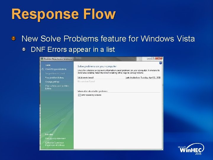 Response Flow New Solve Problems feature for Windows Vista DNF Errors appear in a