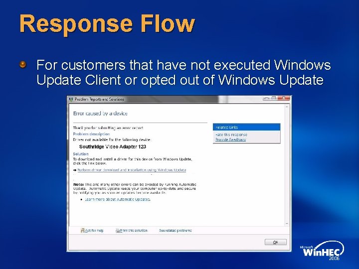 Response Flow For customers that have not executed Windows Update Client or opted out