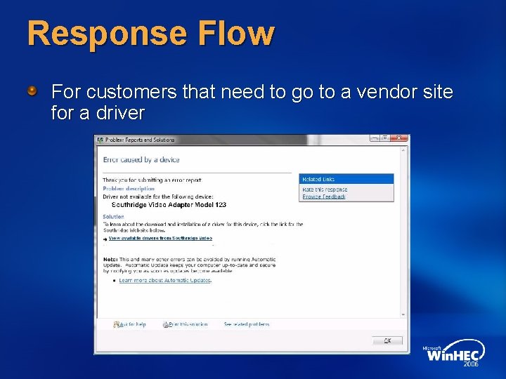 Response Flow For customers that need to go to a vendor site for a