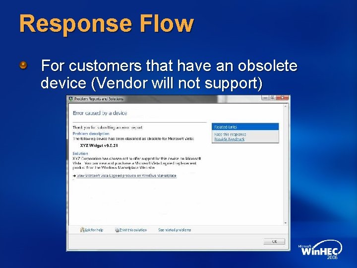 Response Flow For customers that have an obsolete device (Vendor will not support) 
