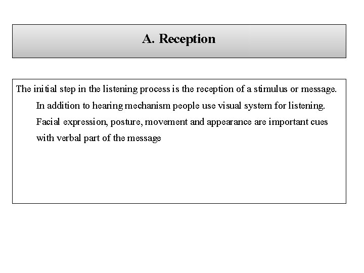 A. Reception The initial step in the listening process is the reception of a