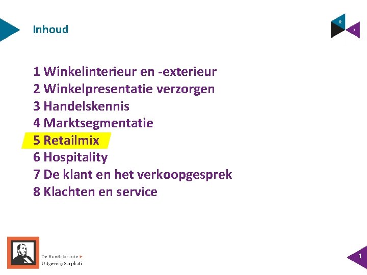 Inhoud 1 Winkelinterieur en -exterieur 2 Winkelpresentatie verzorgen 3 Handelskennis 4 Marktsegmentatie 5 Retailmix