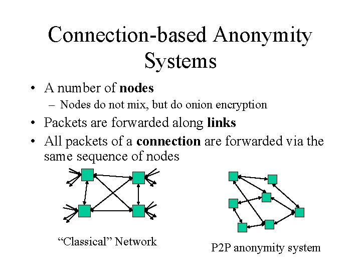 Connection-based Anonymity Systems • A number of nodes – Nodes do not mix, but