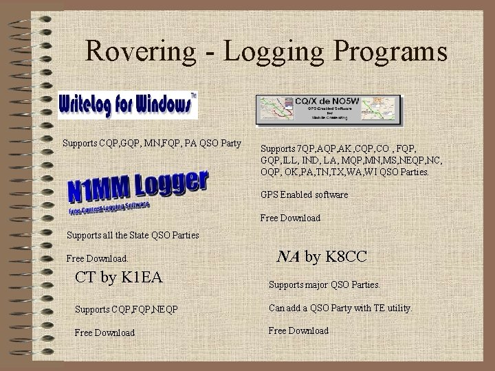 Rovering - Logging Programs Supports CQP, GQP, MN, FQP, PA QSO Party Supports 7