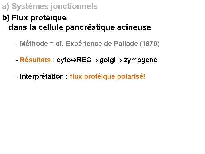 a) Systèmes jonctionnels b) Flux protéique dans la cellule pancréatique acineuse - Méthode =