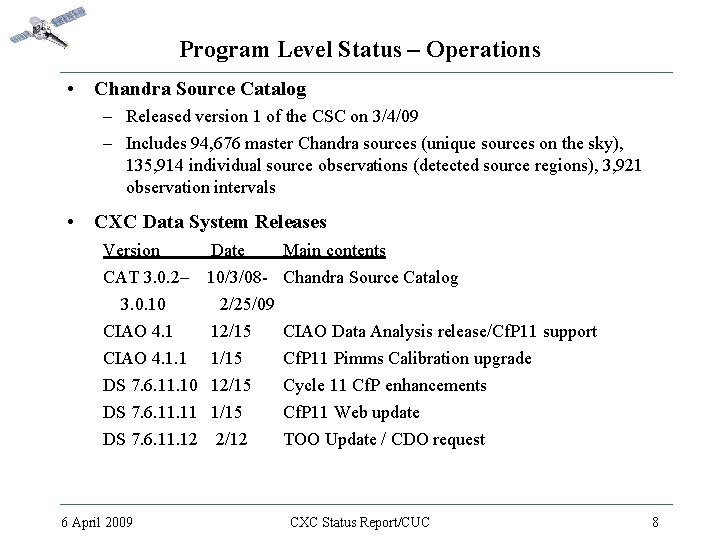 Program Level Status – Operations • Chandra Source Catalog – Released version 1 of