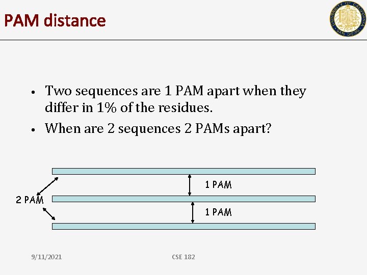 PAM distance • • Two sequences are 1 PAM apart when they differ in