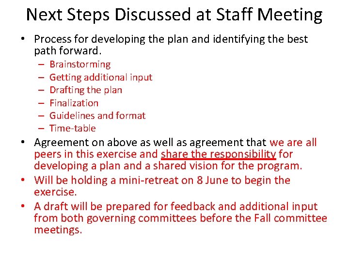 Next Steps Discussed at Staff Meeting • Process for developing the plan and identifying