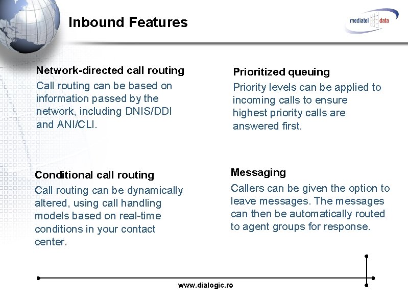 Inbound Features Network-directed call routing Call routing can be based on information passed by