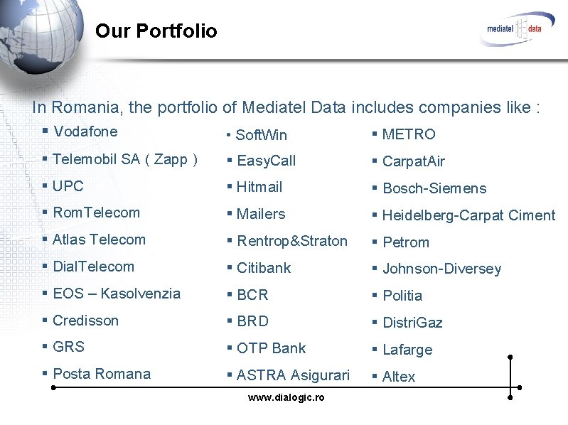 Our Portfolio In Romania, the portfolio of Mediatel Data includes companies like : §