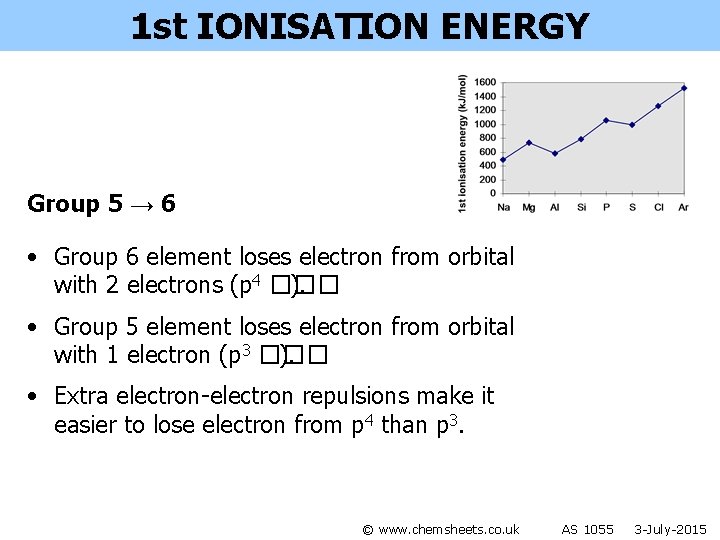 1 st IONISATION ENERGY Group 5 → 6 • Group 6 element loses electron