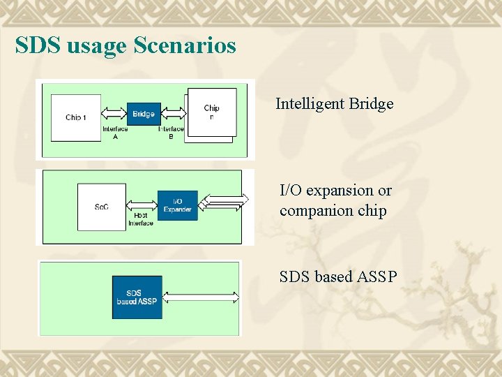 SDS usage Scenarios Intelligent Bridge I/O expansion or companion chip SDS based ASSP 