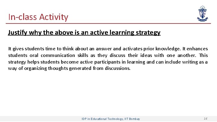 In class Activity Justify why the above is an active learning strategy It gives