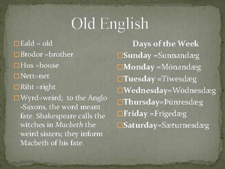 Old English � Eald = old � Brodor =brother � Hus =house � Nett=net