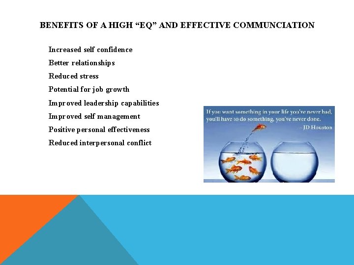 BENEFITS OF A HIGH “EQ” AND EFFECTIVE COMMUNCIATION Increased self confidence Better relationships Reduced