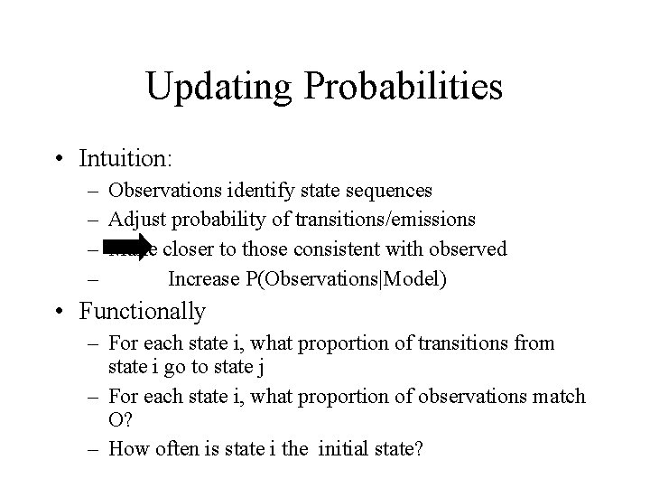 Updating Probabilities • Intuition: – Observations identify state sequences – Adjust probability of transitions/emissions