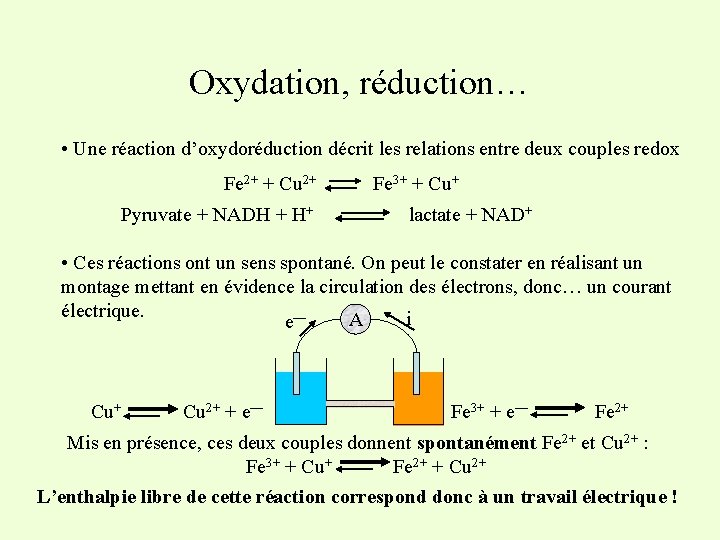 Oxydation, réduction… • Une réaction d’oxydoréduction décrit les relations entre deux couples redox Fe