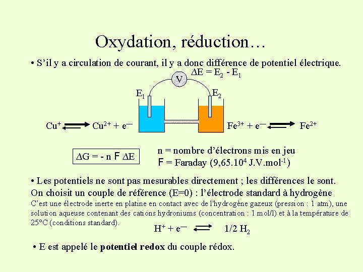Oxydation, réduction… • S’il y a circulation de courant, il y a donc différence