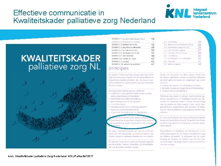 Effectieve communicatie in Kwaliteitskader palliatieve zorg Nederland bron: Kwaliteitskader palliatieve zorg Nederland. IKNL/Palliactief 2017